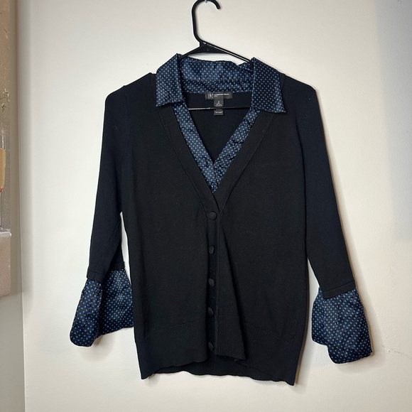 INC Petite Silk Black Cardigan with Blue Polka Dot Trim Womens Size Small - Picture 1 of 5